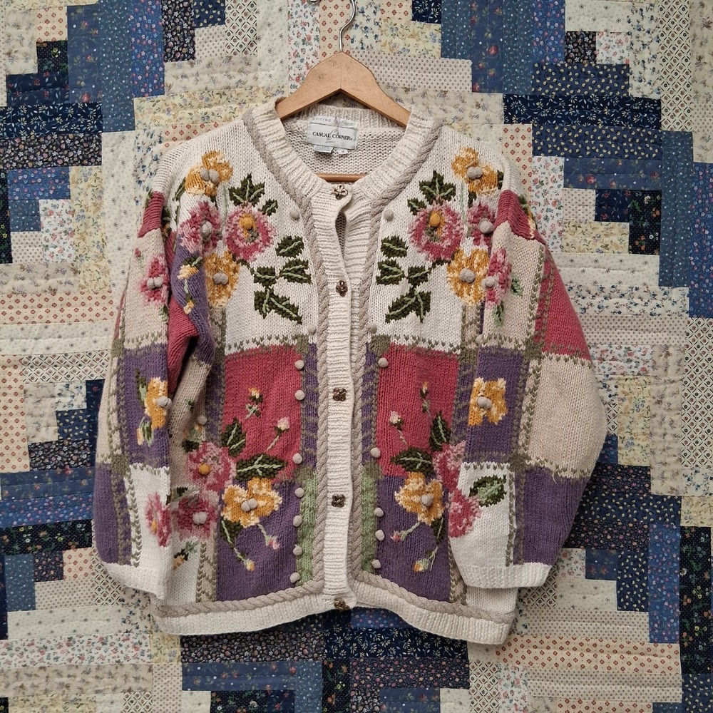 Vintage 90s Casual Corner 3D Hand Knit Cardigan Sweater Medium Grandmacore